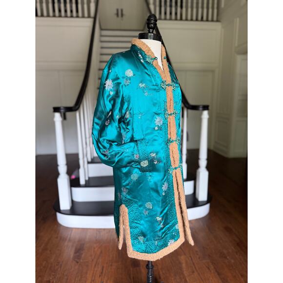 Turquoise Asian Silk Faux Fur Warm Cozy Coat Fall Winter Boho Artsy Chinoiserie - Picture 5 of 11